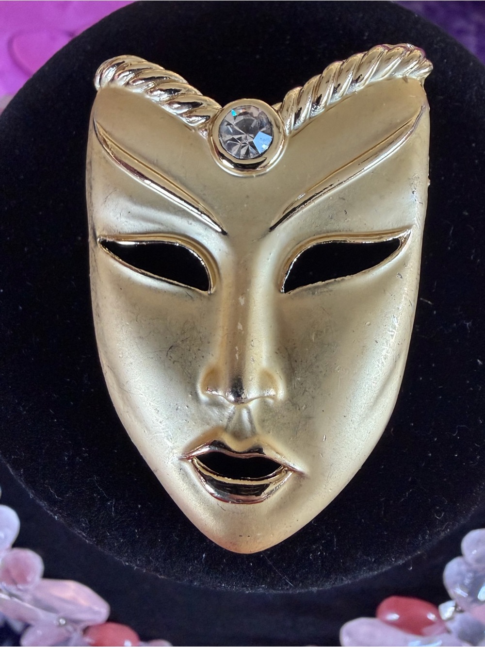Vintage Gold Mask Mardi Gras Brooch w/ Clear Stone in Brushed Gold